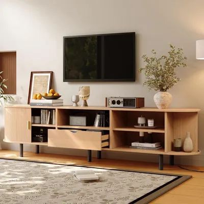 Produktbild von Moderner Fernsehtisch 175x40x55cm, lowboard TV-Schrank mit Runddesign und Rollo-Tür aus MDF bis 50 kg belastbar mit Schublade & offenen Fächern