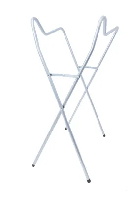 A silver metal stand for a baby bathtub.