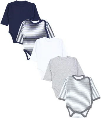 Produktbild von TupTam Baby Unisex Langarm Wickelbody im 5er Set , Farbe: Streifenmix Blau Grau, Größe: 68