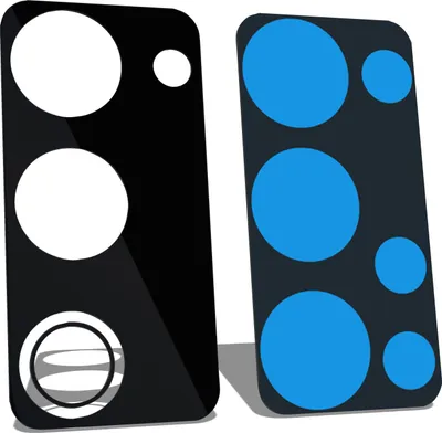 Two camera lens glass protectors for a smartphone, one with white circles and the other with blue circles, on a white background.