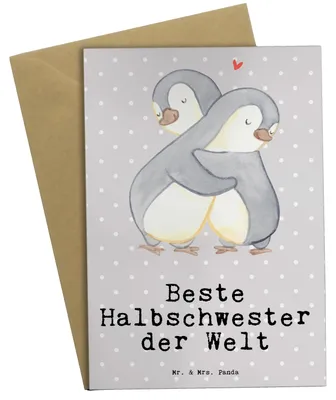 Produktbild von Mr. & Mrs. Panda Glückwunschkarte Pinguin Beste Halbschwester der Welt - Grau Pastell - Geschenk, Schwester, Kleinigkeit, Liebe, hochzeitskarten, Familie, genesungskarte