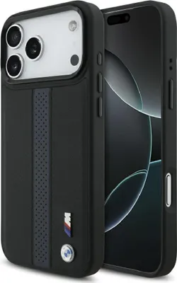 A black iPhone case with BMW M branding is shown in a studio setting.