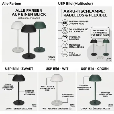 Immagine prodotto di Lampada da tavolo a LED ricaricabile di Jens Living – Verde – Ø 11 x 28,5 cm