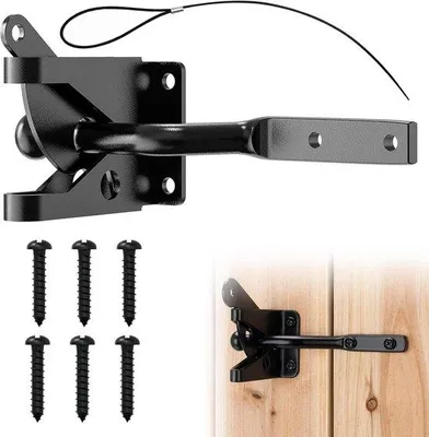 Immagine prodotto di Robusto chiavistello autochiudente per cancelli - Nero - Con cavo di trazione - Per recinzioni e porte in giardino o nel capannone
