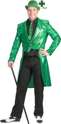 Produktbild von Kostüm Frack St. Patrick's day Pailletten grün Herr MIT Hut Größe: 48-50