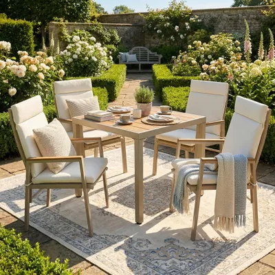 Produktbild von AIORBER Gartenmöbel Set 5-teilig, Esstisch mit 4 Stühlen, Wetterfeste Outdoor Sitzgruppe für Terrasse und Balkon, Gestell aus verzinktem Eisen, Beige
