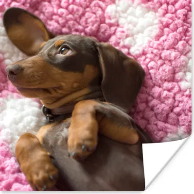 Produktbild von MuchoWow® Poster Ein Dackelwelpe auf einer rosa Decke 75x75 cm - Wand Dekoration