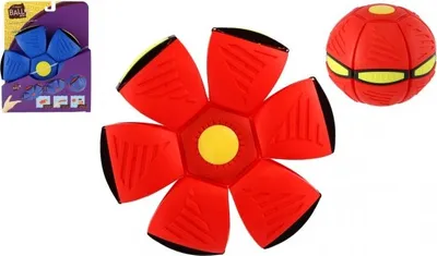 A product shot showing the packaging and the toy in its unfolded and folded states, along with a separate image of the toy in its ball form.