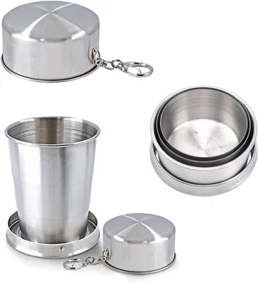 Produktbild von 2 Stück Faltbare Edelstahlbecher 150 ml, Tragbarer Wasserbecher, für Camping