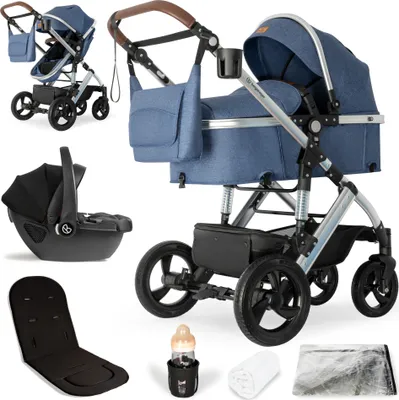 A collage of a baby stroller system and its accessories, including a bassinet, car seat, and other items.