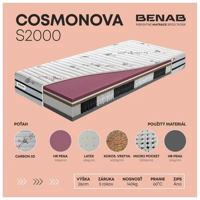 Obrázok produktu pre Taštičkový matrac Benab Cosmonova S2000 Matrac 180 x 200 cm H3 / H4 tvrdosť 26 cm výška Taštičkové matrace, Carbon Plus, Kokos, Latex, HR, Micro pocket, 7 zón, Partnerský matrac