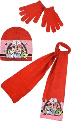 Produktbild von Disney Minnie Micky Maus 3tlg.Set Herbst Wintermütze Schal und Handschuhe – Rot / 52