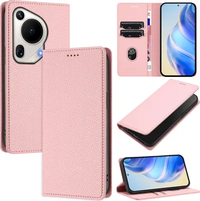 Produktbild von Litchi Leder Handyhülle für Huawei Pura 70 Ultra Wallet Kartenfächer Standfunktion Hülle Pink