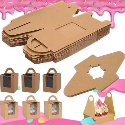 Produktbild von Individuelle Cupcake-Boxen - Cupcake-Geschenksets mit Glasfenster - Stabile Einzelcupcake-Boxen - Mit Einfügekorb und Griffen - PVC-Glasfenster - Geburtstagsspielzeug Hochzeit - 25 Stück (Braun)