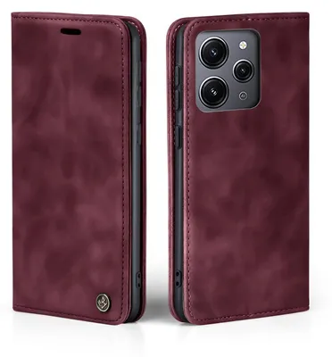 A burgundy flip-style phone case for a Xiaomi Redmi 12 is shown from two angles.