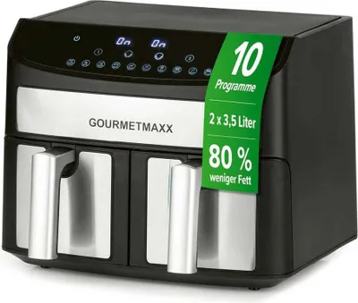 Produktbild von GOURMETmaxx Doppelkammer-Heißluftfritteuse 2x3,5L | Airfryer 7L Besonders fettarme Zubereitung 10 Programme Timer punktgenaues Garen automatisches Abschalten Schwarz