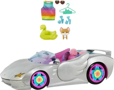 Produktbild von Barbie Extra Auto Cabrio (glitzert) mit Regenbogen Reifen, Zubehör