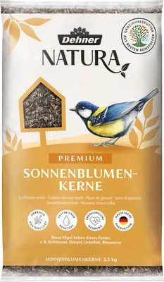 Produktbild von Dehner Natura Premium Wildvogelfutter, Sonnenblumenkerne, Ganzjahresfutter proteinreich / energiereich, hochwertiges Vogelfutter für Wildvögel, 2.5 kg