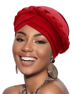 Produktbild von Damen Turban mit Zopf Kopfbedeckung Chemo Mütze Beanie Kopfwickel Schlafmütze Polyester Rot 1 Stück