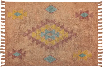 Zdjęcie produktu dla BELIANI Dywan pomarańczowy bawełniany 140 x 200 cm prostokątny z frędzlami wzór geometryczny styl boho do salonu sypialni