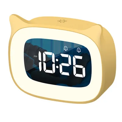 A yellow alarm clock with a digital display showing the time and two bell icons.