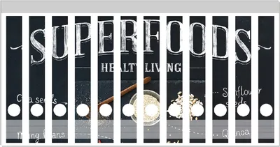 Produktbild von Wallario Ordnerrücken Sticker, selbstklebend für schmale Ordner, 12 Stück, Motiv Superfoods auf einer Schieferplatte - Gesunde Ernährung