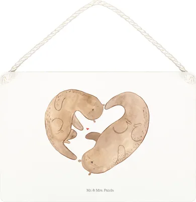 Produktbild von Mr. & Mrs. Panda Schild Otter Herz DIN A5 - Weiß - Geschenk, Liebe, Wandbild Holz, Türschild, wandtafel, holzbild, Holzschild, Hochzeitstag