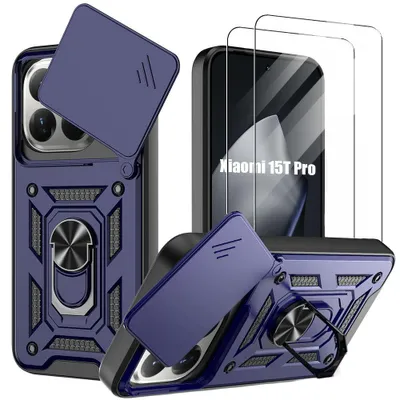 Image de Coque + 2 Verres Trempés pour Xiaomi 15T Pro, Protection Antichoc avec Anneau Rigide Bordure Renforcée - Bleu Marine