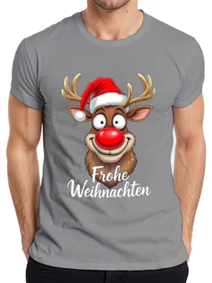 Produktbild von Frohe Weihnachten Lustiges Rentier Rudolf Weihnachtsmütze Cartoon Herren T-Shirt, Grau, M