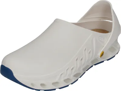 A single white clog with a blue sole is shown against a white background.