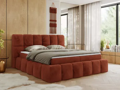 Produktbild von MKS MEBLE Boxspringbett, Doppelbett NIRA mit dekorativem Kopfteil, Multipocket-Matratze und Topper, Polsterbett mit Bettkästen - 180 x 200 cm - H3 - Orange Plüsch