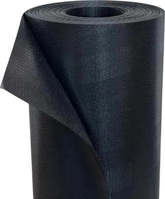 A roll of black material, likely a root barrier, is shown against a white background. The material has a textured, woven appearance.