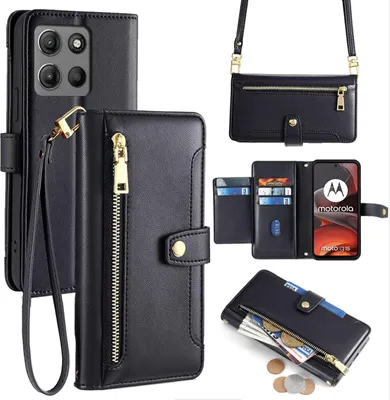 Produktbild von Handykette Hülle für Motorola Moto G15 / Moto G15 Power mit Band Handyhülle Kartenfächer Kunstleder Umhängetasche in Schwarz
