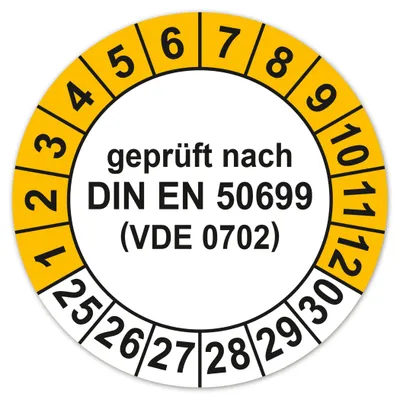 Testplakette DIN EN 50699, gelb, 30 mm, 100 Stück