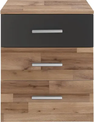 A front view of a three-drawer nightstand with a dark gray top drawer and two wood-grain drawers below.
