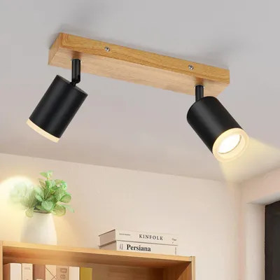 Image de ZMH Spot de plafond noir 2 flammes - Lampe de cuisine GU10 bois Spot mural 350° orientable Vintage Spot couloir Rétro industriel Sans ampoule