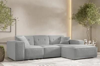 Productafbeelding van Eckbank Designersofa CESINA, bekleding Ascot, kleur grijs, met hocker aan de rechterkant