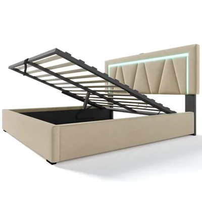 A bed frame with its storage mechanism open, showing the interior storage space and the slatted mattress support.