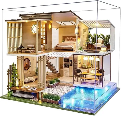 Imagen del producto de Casa en miniatura, villa moderna con piscina, casa de muñecas de madera