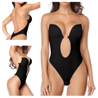 Zdjęcie produktu dla Body Damskie Modelujące Push Up Bez Pleców Głęboki Dekolt Stringi Czarne XL