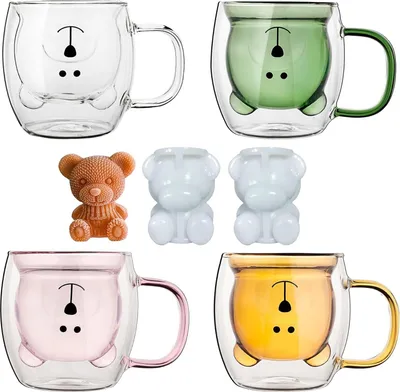 Produktbild von 4-teiliges Familienpaket,Nette Bären-Becher,Niedliche Bären-Teetasse 250ml doppelwandiges Glas,Bärenbecher mit Henkel,Niedliche Geburtstagsgeschenke für das Büro zu Hause (Weiß Rosa Grün Braun)