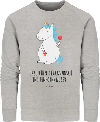 Produktbild von Mr. & Mrs. Panda Baumwoll Pullover Einhorn Baby Größe S - Heather Grey - Geschenk, Sweatshirt, Pulli, Unicorn, Bio, Geburt, Einhörner, Schnuller, Geburtstag, Sweater