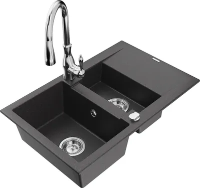 Produktbild von Mexen Gaspar 1,5-Becken-Granitspüle mit Abtropffläche und Mischbatterie Savita, Schwarz gesprenkelt - 6507-76-672601-00