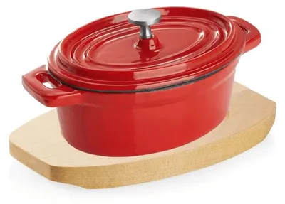Produktbild von 4x Cocotte rot Gusseisen 12,5 x 9,5 x 6,5 cm mit Deckel emailliert + 4x Holzuntersetzer