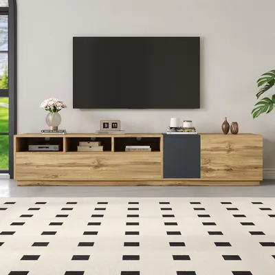 Zdjęcie produktu dla Merax szafka pod TV 200×45×45 cm nowoczesna szaro-czarna, szafka pod TV z drewnianym blatem, 3 otwarte przegrody z otworem na kabel, drzwi z półkami, obciążenie do 50 kg
