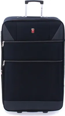A black rolling suitcase is shown from the front against a white background.