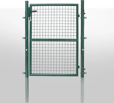 A green metal garden gate with a wire mesh infill, shown standing upright against a neutral background.