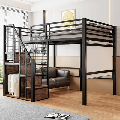 A loft bed with stairs, a sofa, and storage underneath, set in a bedroom or living space.