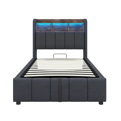 Produktbild von Flieks Polsterbett 90x200cm mit USB &Type-C, Boxspringbett Stauraumbett mit LED & Stauraumkopfteil, Einzelbett Jugendbett, Leinen, Grau