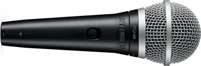 A studio shot of a black Shure PGA48 microphone against a white background.